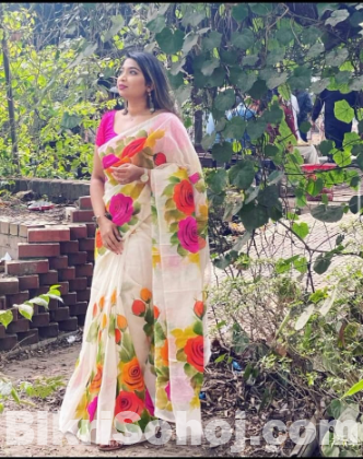 Half Silk Saree With Hand Print